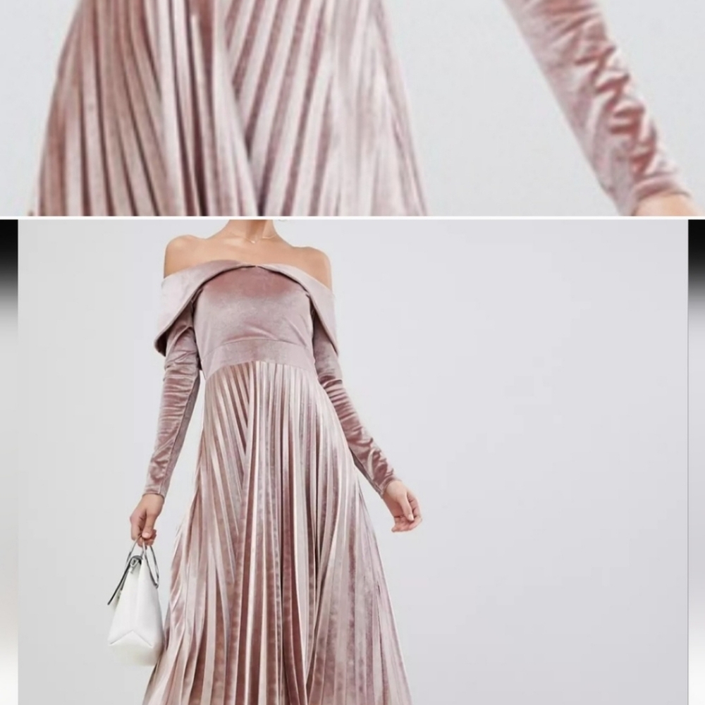 NWT ASOS pleated velvet bardot midi dress blush pink size 12